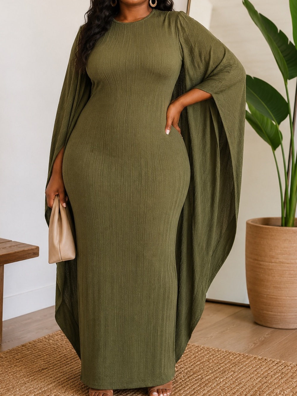 Elegant Olive Green Cape Sleeve Maxi Dress